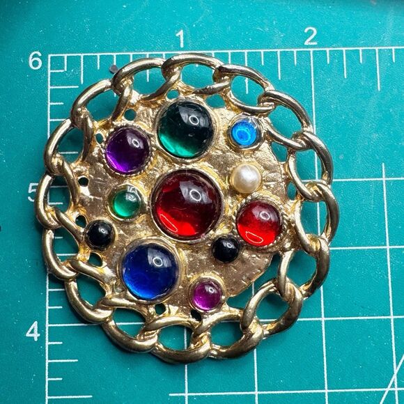 Colorful Cabochon Brooch Moghul Style Large Chain Edge Statement Pin - Picture 7 of 9